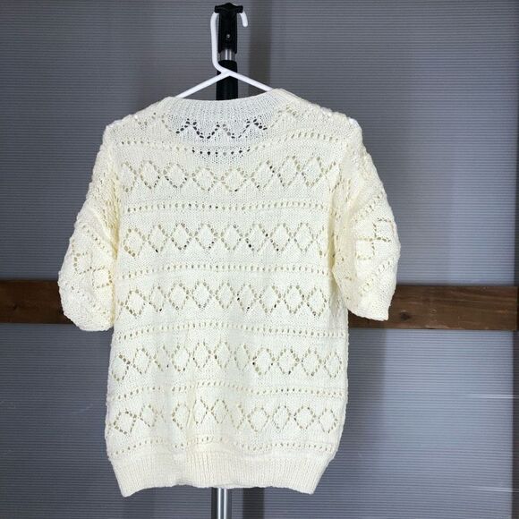 HANDMADE Cream Crochet Knit Short Sleeve Sweater Sz M - Picture 2 of 6